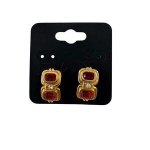 Gold Tone AVON Set with Simulated Ruby Heart‎  Necklace Pierced Earrings Y2K